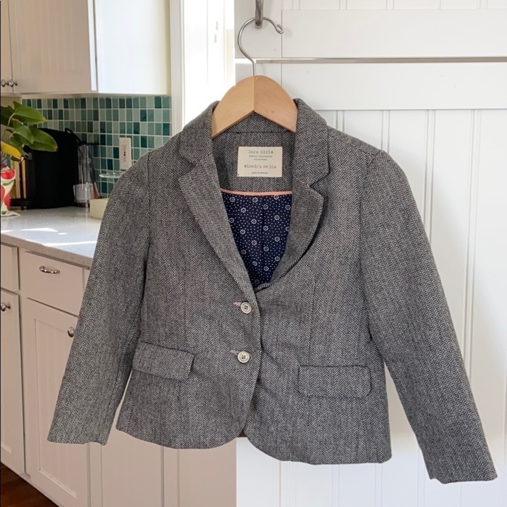 Zara Girls Gray Herringbone Tweed Blazer